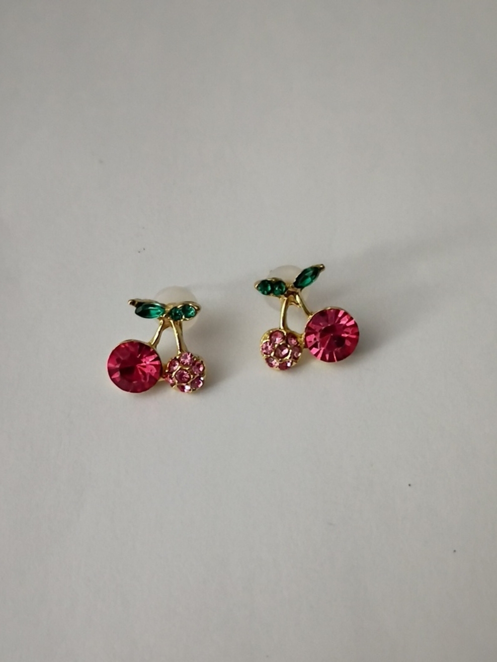 Gold Cherry Crystal Stud Earrings in Pink and Green
